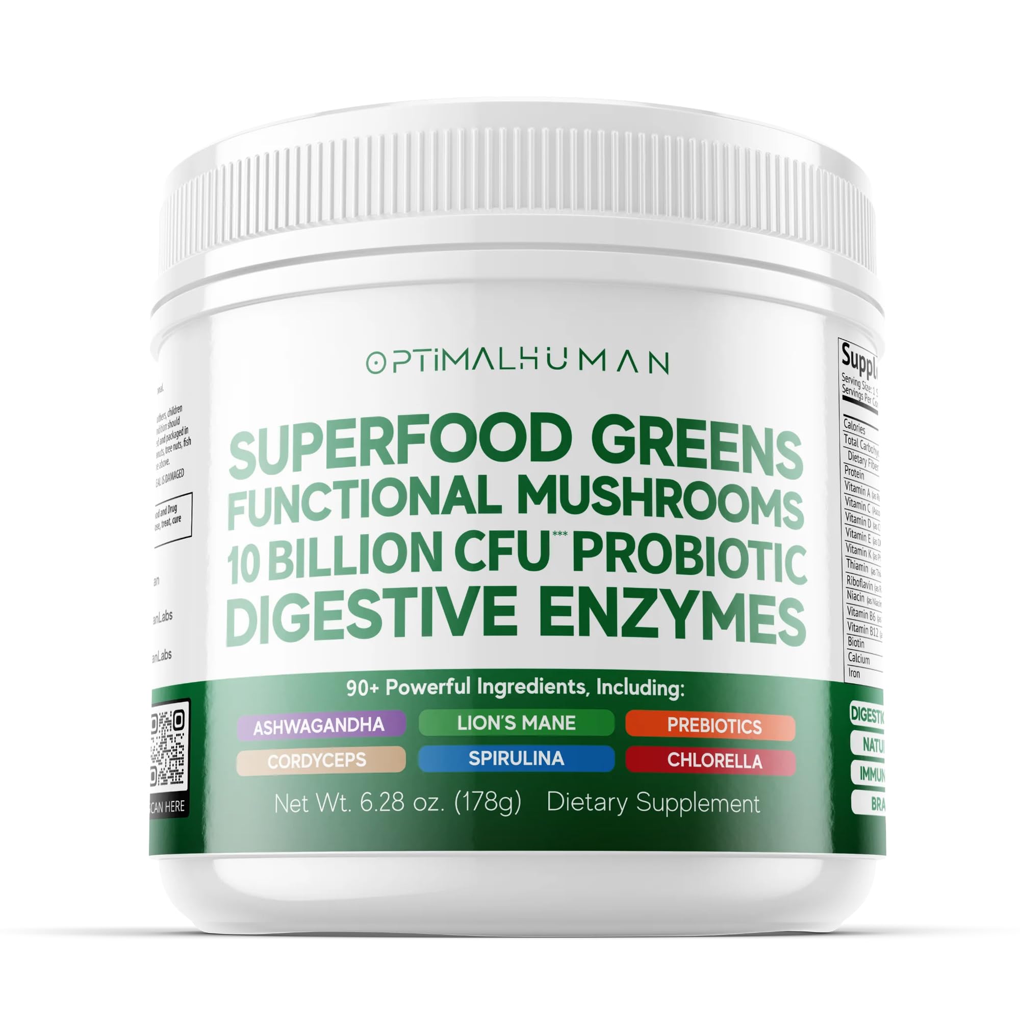 O H Optimal Human tub front highlights the powder for daily wellness and focus.