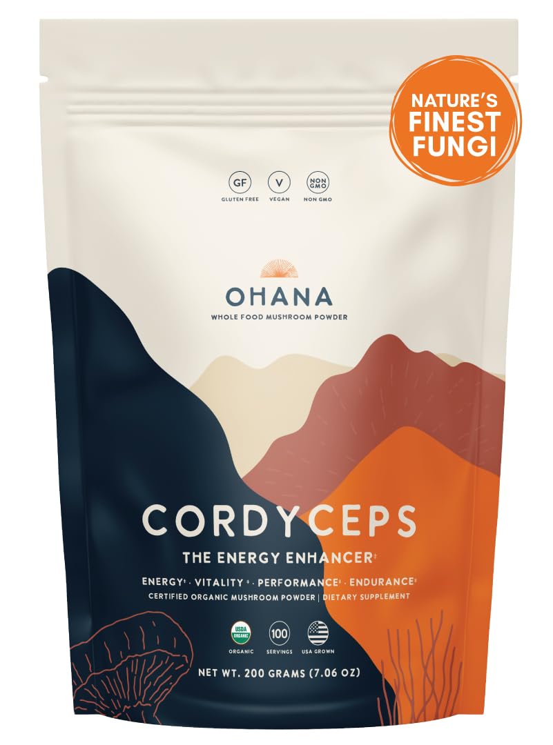 Ohana Cordyceps bottle on shelf for daily energy and vitality.