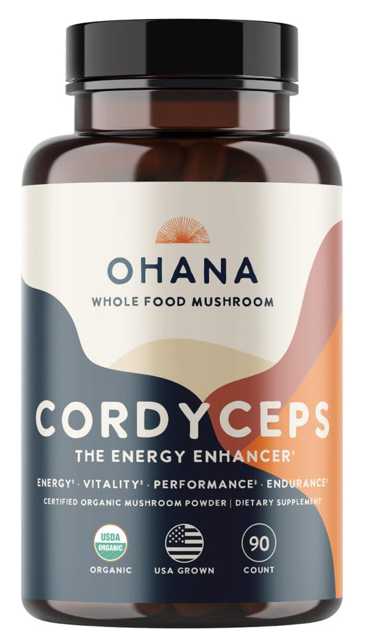 Ohana Cordyceps Extract organic powder bag showcasing premium whole-food mushroom blend for daily wellness