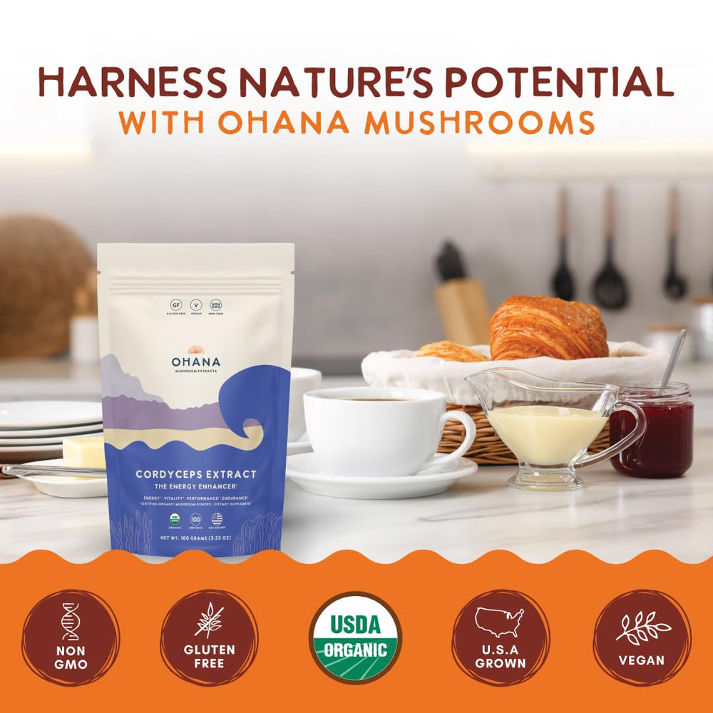 Ohana Cordyceps Extract USA-grown badge underscores local responsibly produced powder