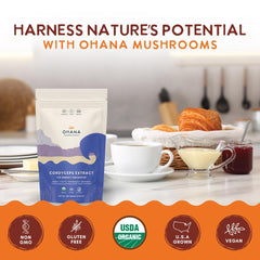 Ohana Cordyceps Extract USA-grown badge underscores local responsibly produced powder