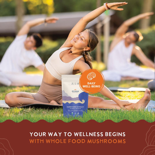 Ohana Cordyceps Extract USDA Organic label highlighting clean, non-GMO, gluten-free certification