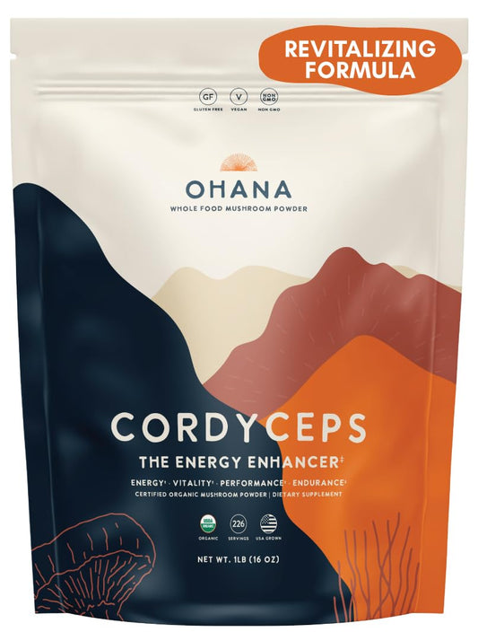 Ohana Cordyceps organic powder bag boosts daily energy and vitality.