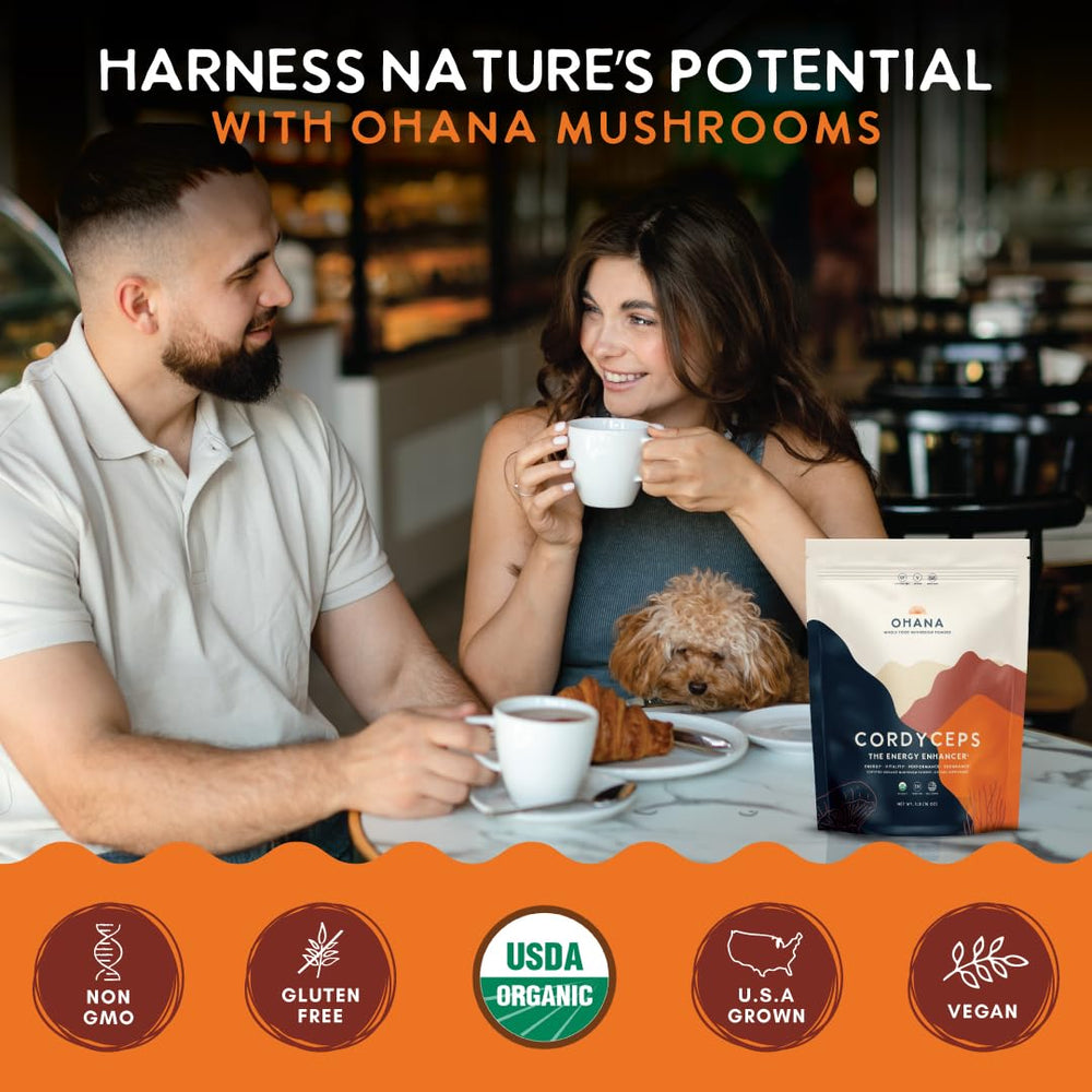 Ohana Cordyceps package front showcases pure organic mushrooms.