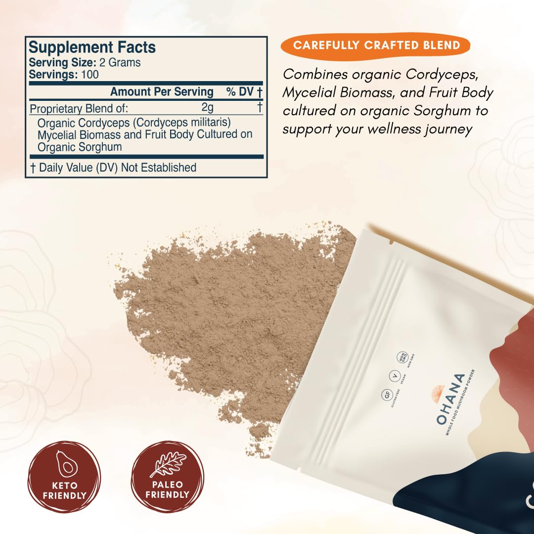Ohana Cordyceps packaging shows USDA Organic and USA-grown quality.