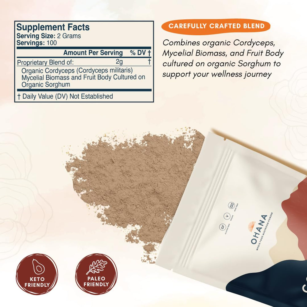 Ohana Cordyceps packaging shows USDA Organic and USA-grown quality.