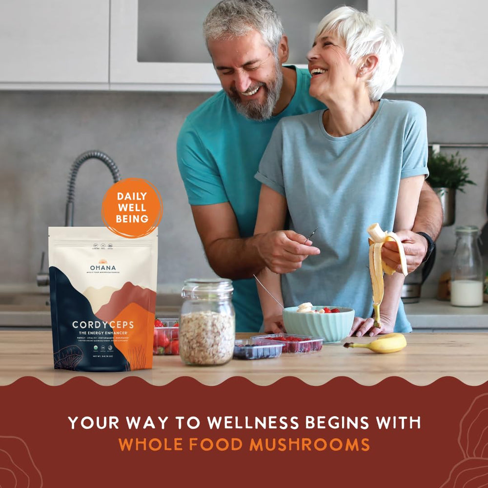 Ohana Cordyceps powder scoop highlights convenient serving for smoothies.
