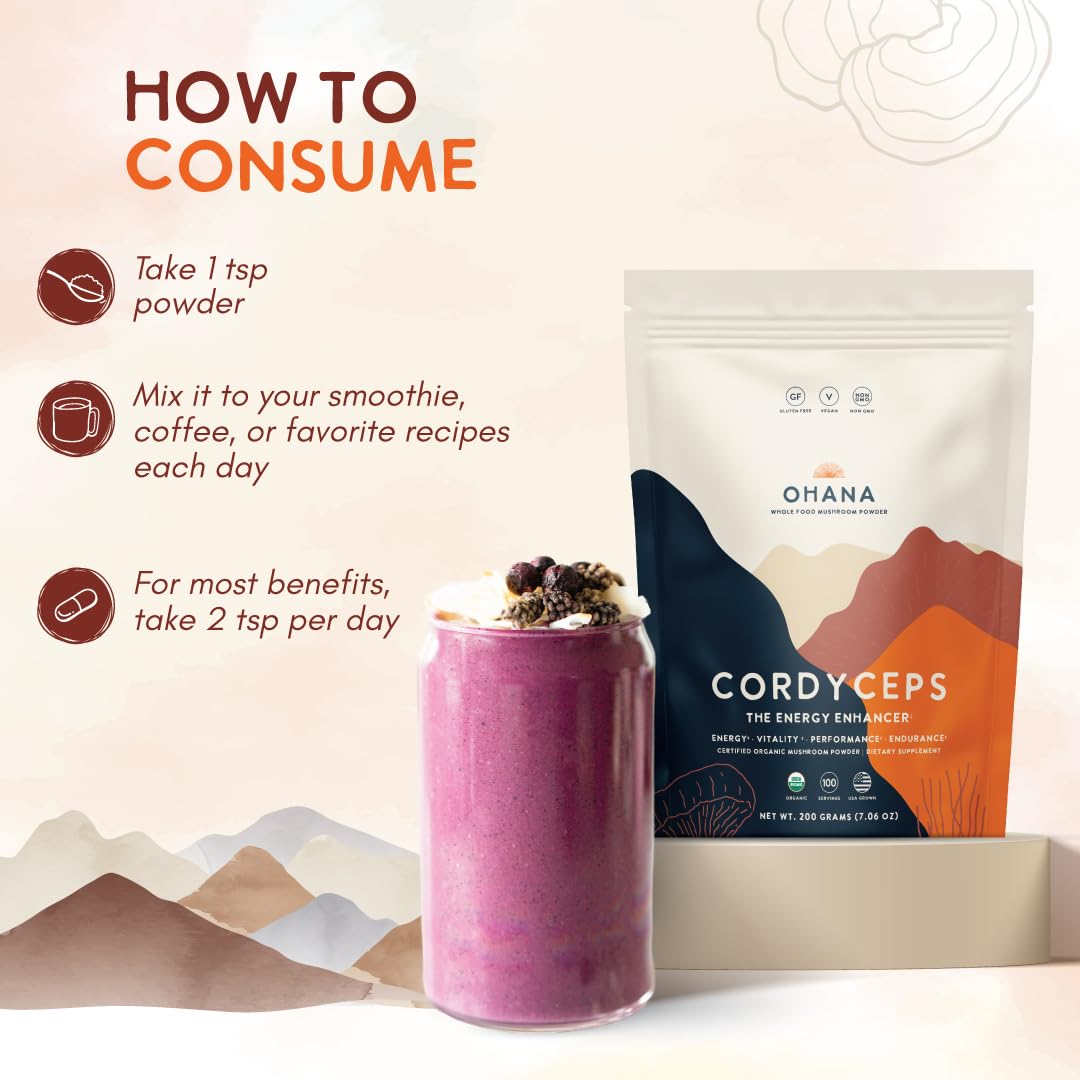 Ohana Cordyceps powder added to smoothie for a boost.