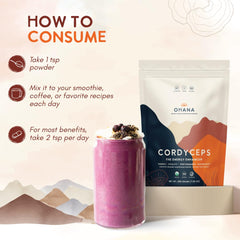 Ohana Cordyceps powder added to smoothie for a boost.