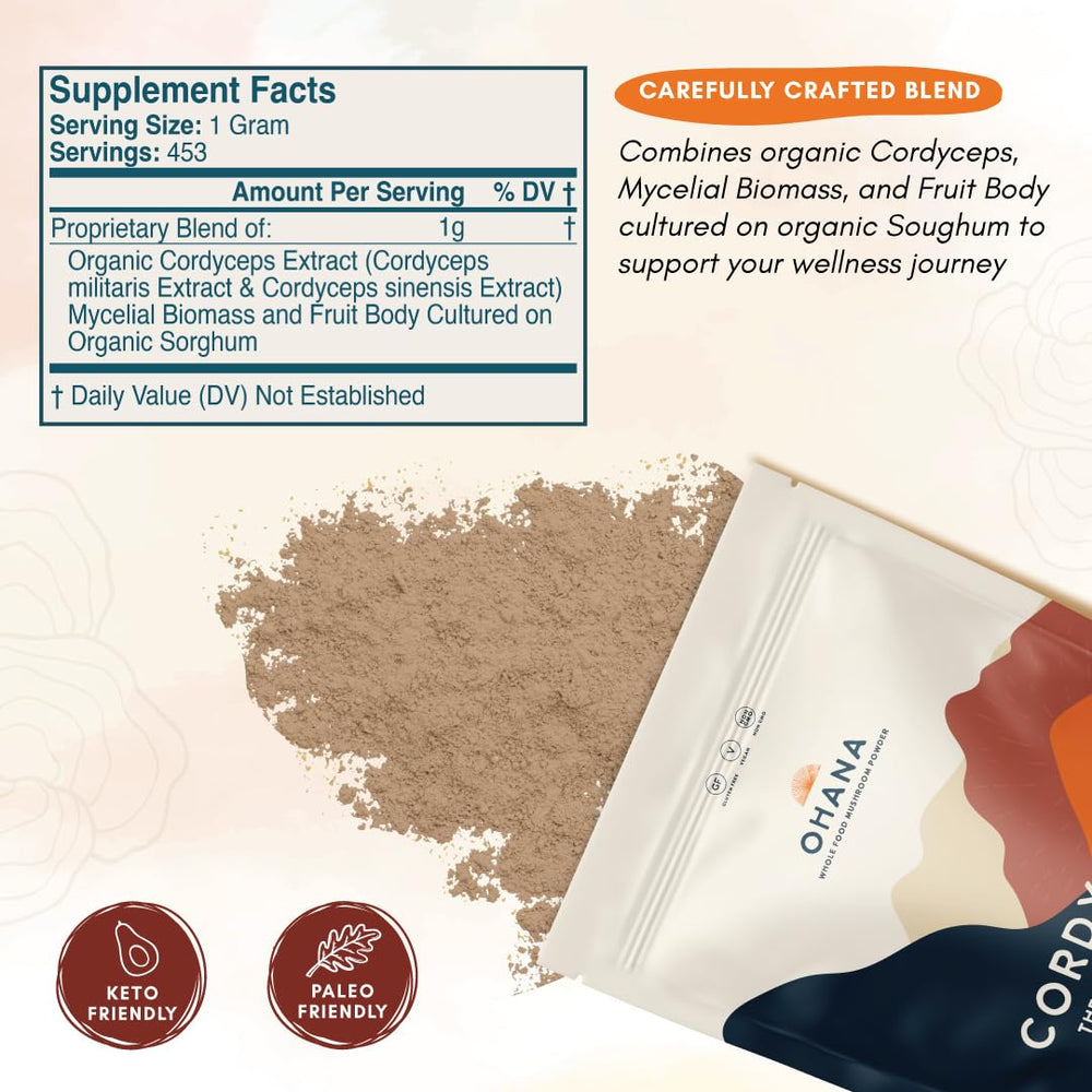 Ohana Cordyceps sorghum-cultured powder visual emphasizes clean processing.