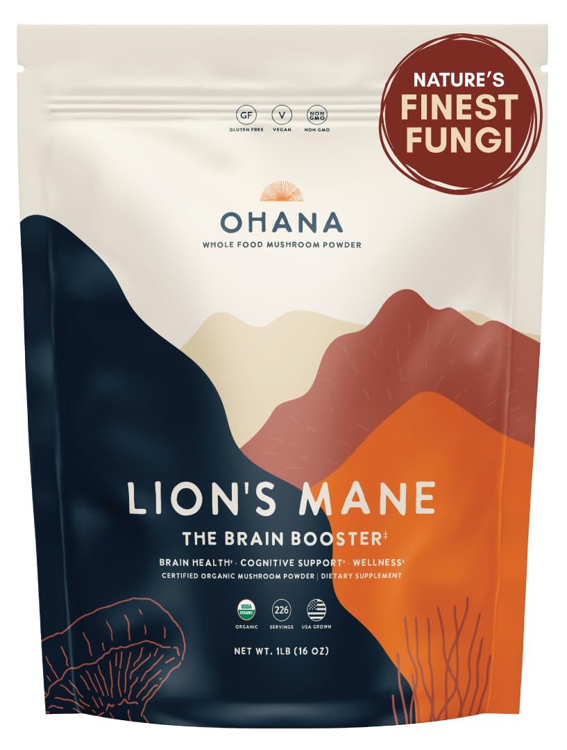 Ohana Lion’s Mane organic powder in a jar for easy daily smoothies