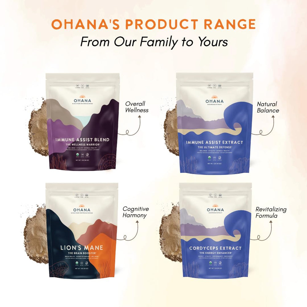 Ohana Lion’s Mane packaging on shelf emphasizes USA-grown organic ingredients
