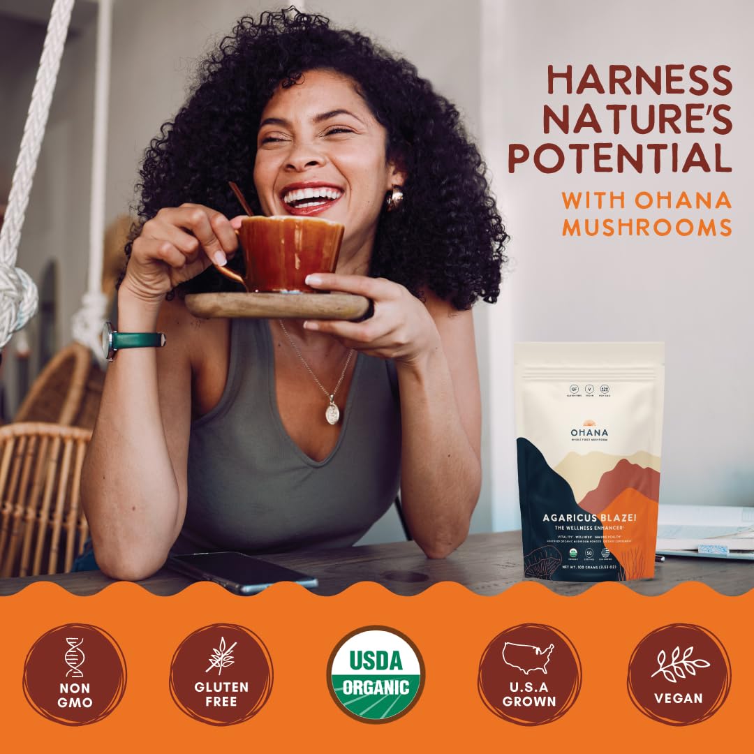 Ohana Mushrooms Agaricus Blazei origin shows USA grown organic mushrooms