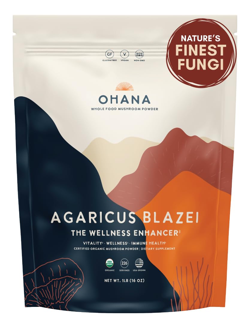 Ohana Mushrooms Agaricus Blazei powder bottle front for organic daily wellness