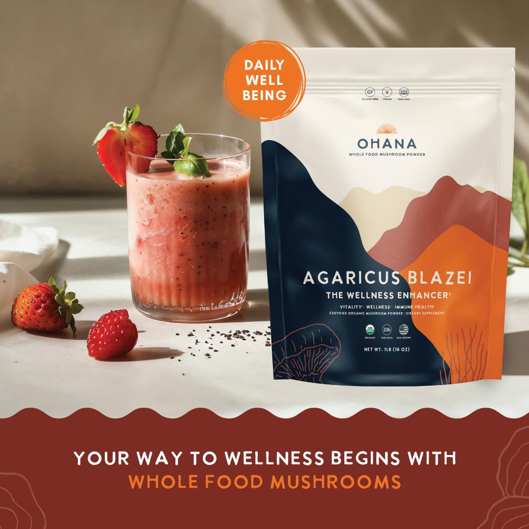 Ohana Mushrooms Agaricus Blazei powder label close up highlights USDA Organic quality
