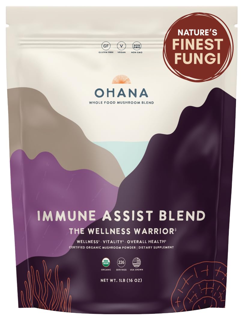 Ohana Immune Assist Blend front label showing USDA Organic status and eight mushrooms for daily wellness.
