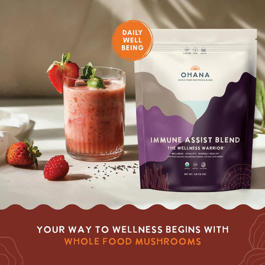 Ohana Immune Assist Blend ingredients panel highlighting eight mushroom varieties in a single mix.