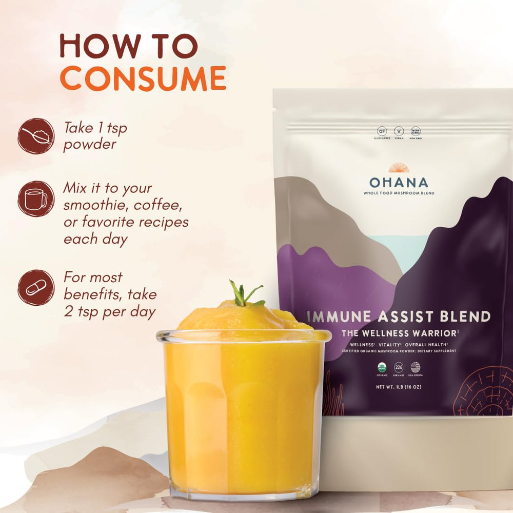 Ohana Immune Assist Blend scoop in container highlights easy daily dosing.