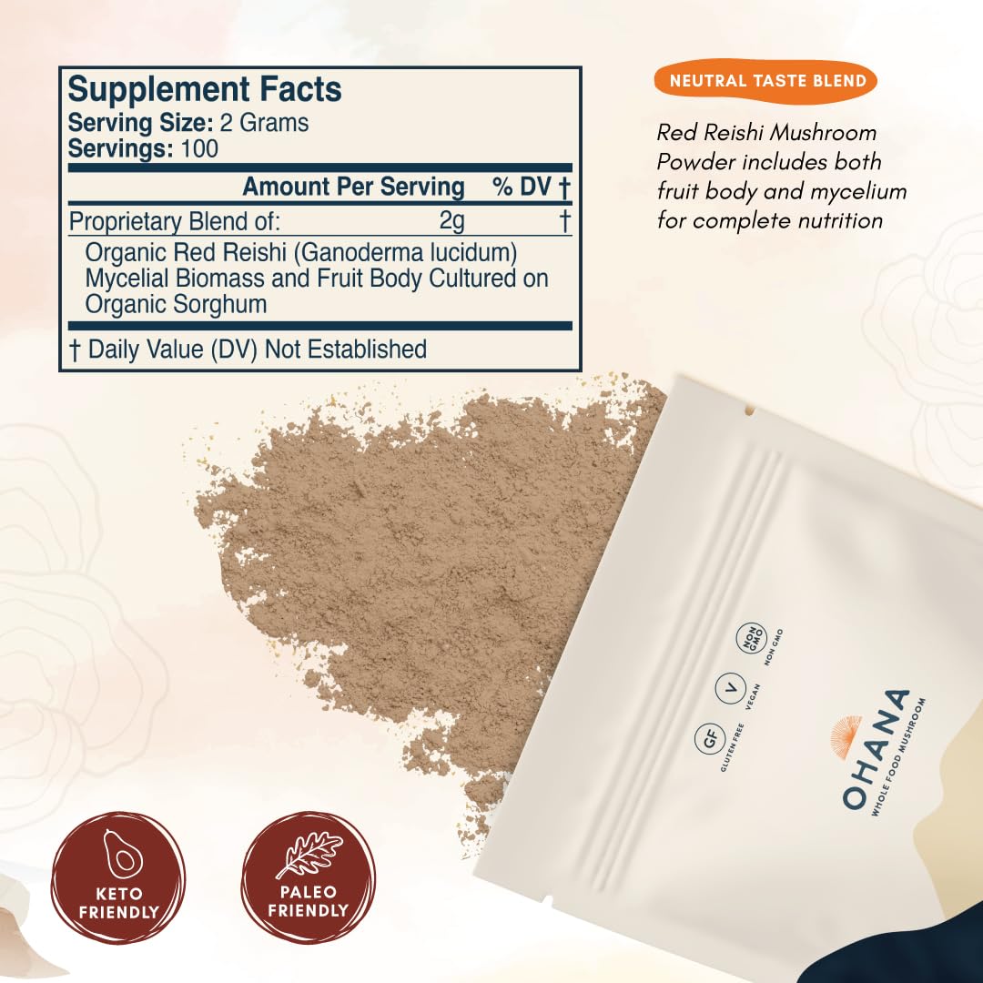 Ohana Red Reishi capsules pack offers convenient daily capsule use.