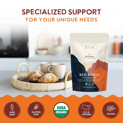 Ohana Red Reishi symbol emphasizes gluten-free formulation and purity.