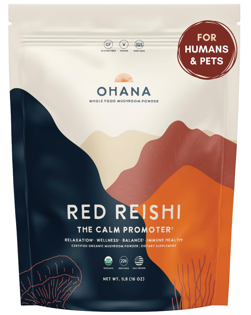 Ohana Red Reishi powder bag ready to blend into smoothies for daily wellness.