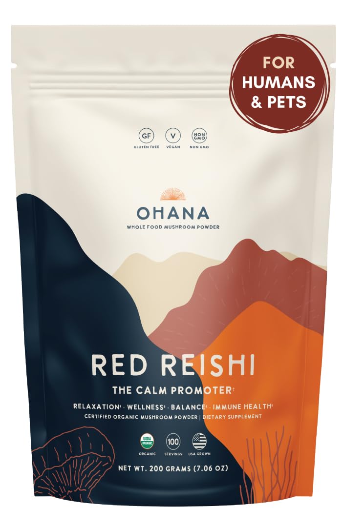 Ohana Red Reishi powder bag for daily wellness with organic, gluten-free goodness.