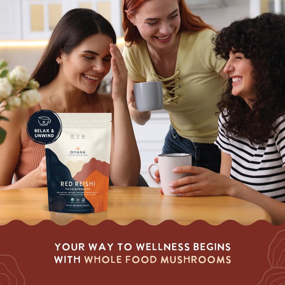 Ohana Red Reishi powder scoop for easy addition to smoothies and tea.