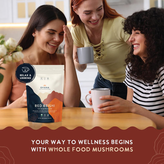 Ohana Red Reishi powder scoop for easy addition to smoothies and tea.