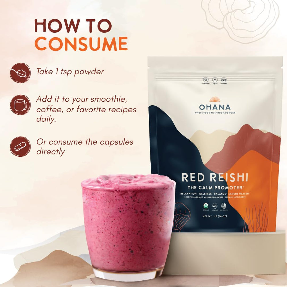 Ohana Red Reishi scoop with measuring teaspoon for recipes.