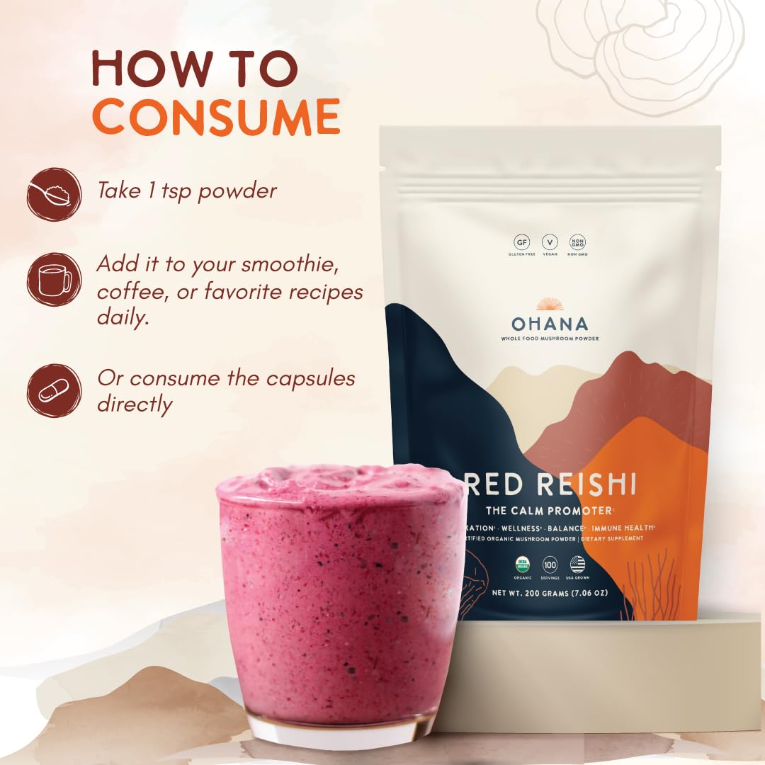 Ohana Red Reishi USA-grown label highlighting organic, non-GMO mushrooms.
