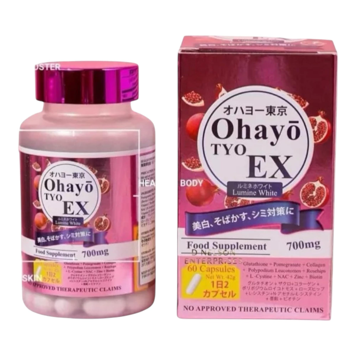 OhayoTokyo EX Lumine White bottle highlighting glutathione and pomegranate antioxidant blend for skin vitality