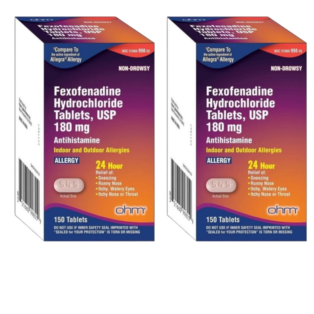 Ohm allergy medicine packaging showing 150-count 2-pack for daily relief