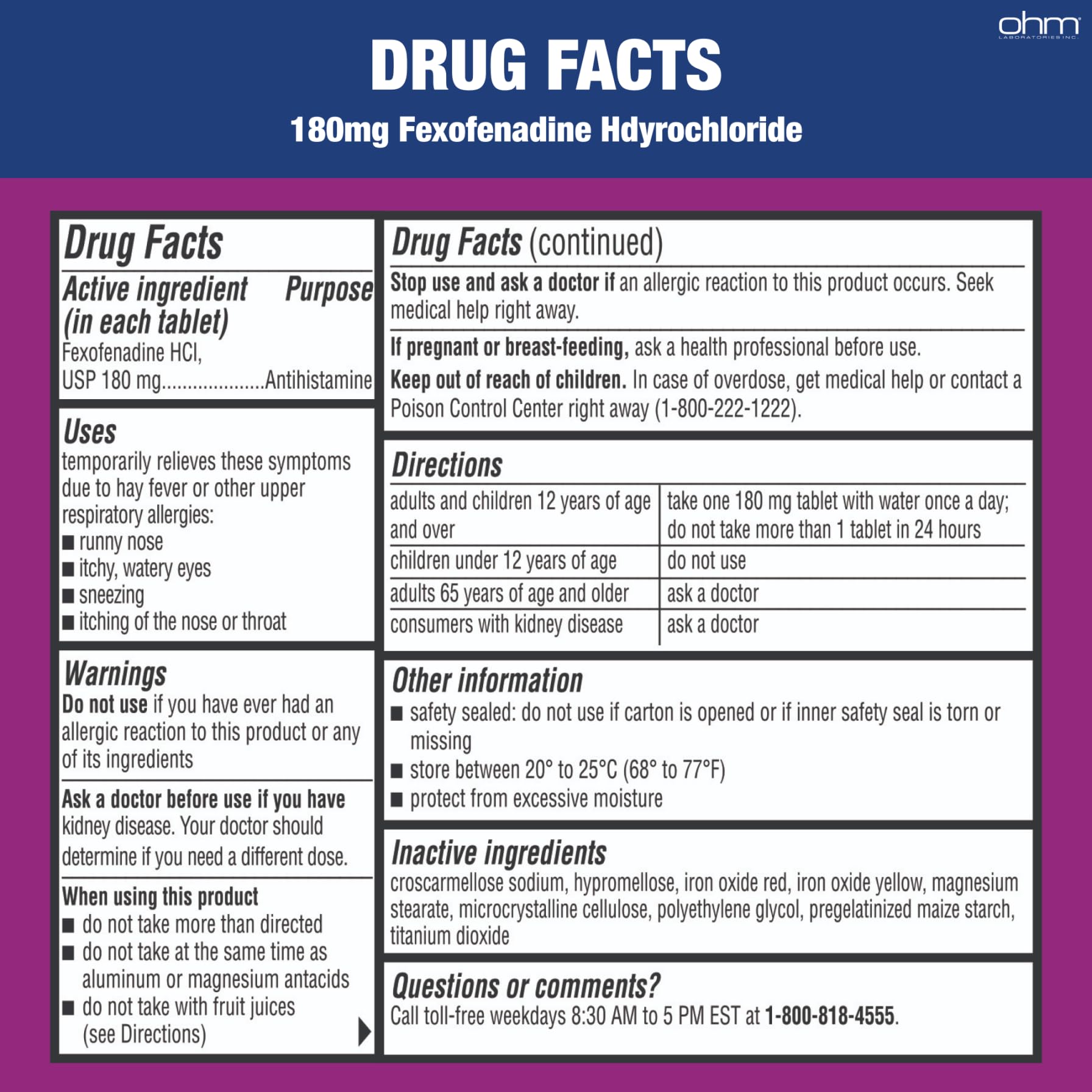 Close-up of Ohm allergy tablets highlighting 180mg dosage for steady relief