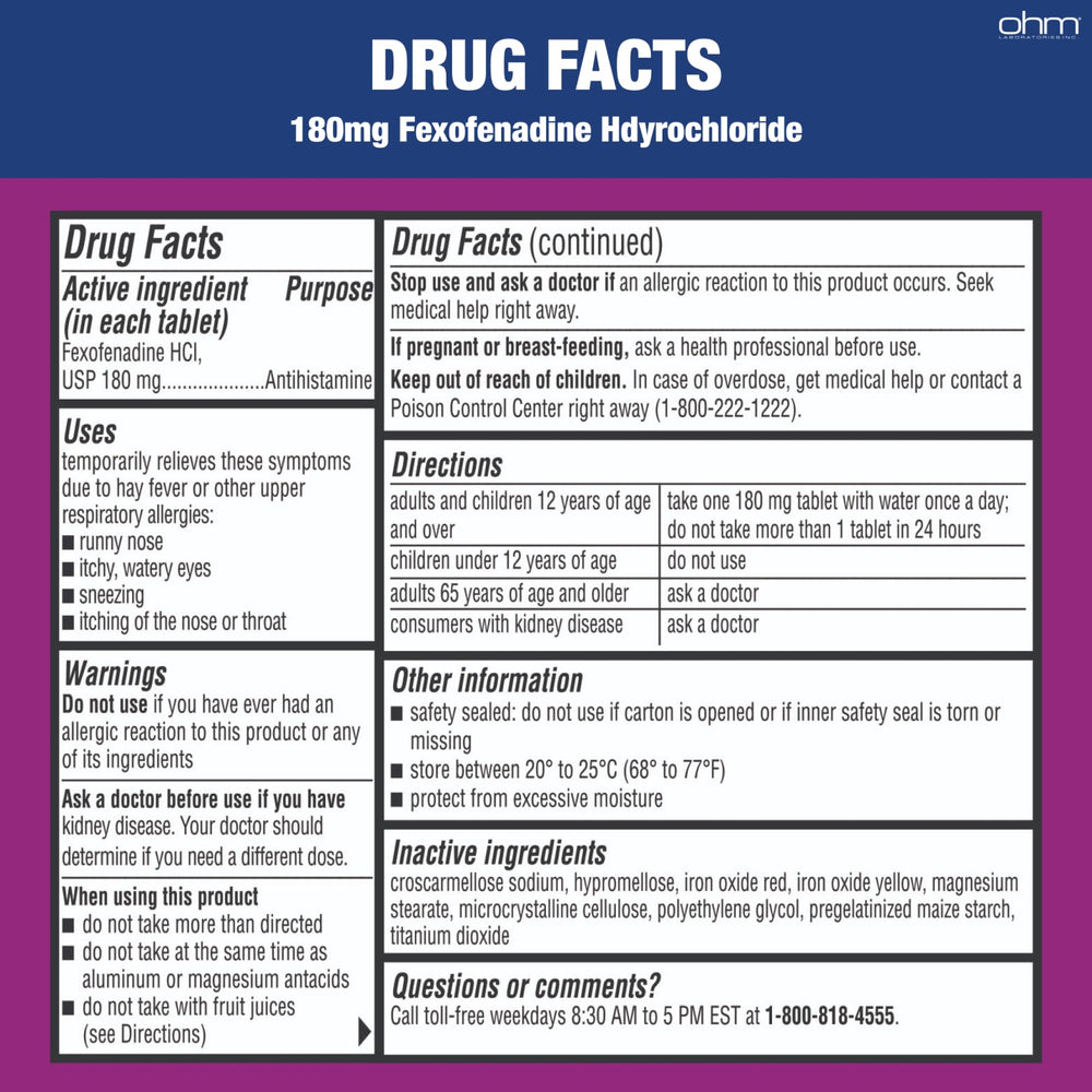 Close-up of Ohm allergy tablets highlighting 180mg dosage for steady relief