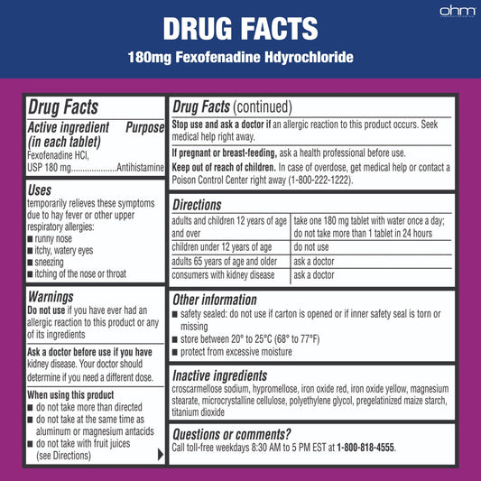 Close-up of Ohm allergy tablets highlighting 180mg dosage for steady relief