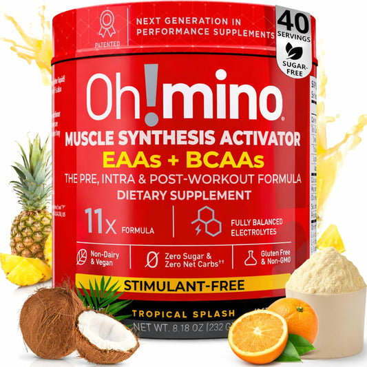 Oh!mino BCAAs + EAAs tropical bottle highlighting stimulant-free recovery during workouts