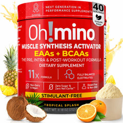 Oh!mino BCAAs + EAAs tropical bottle highlighting stimulant-free recovery during workouts