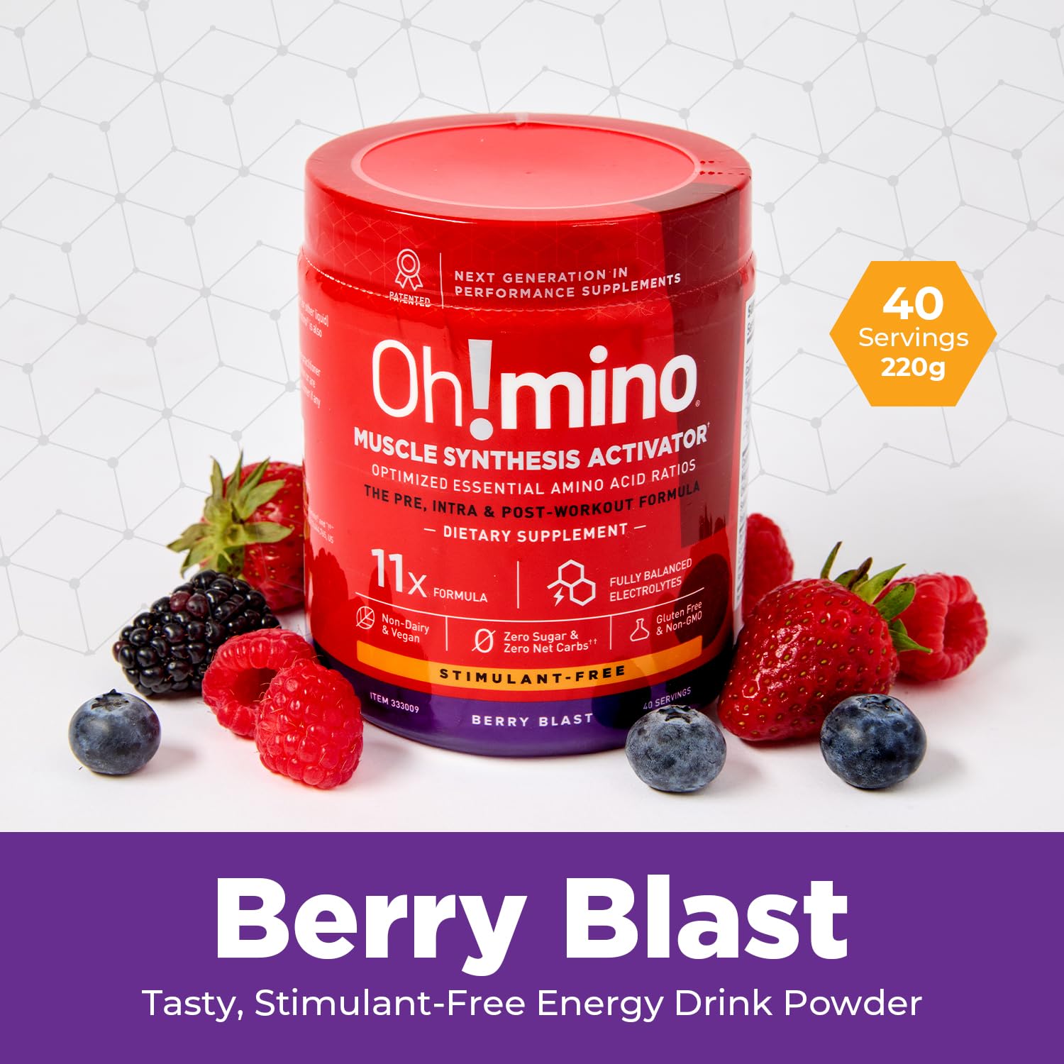 Oh!mino Berry Blast provides sustained performance with no stimulants.