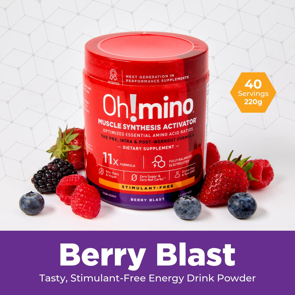 Oh!mino Berry Blast provides sustained performance with no stimulants.