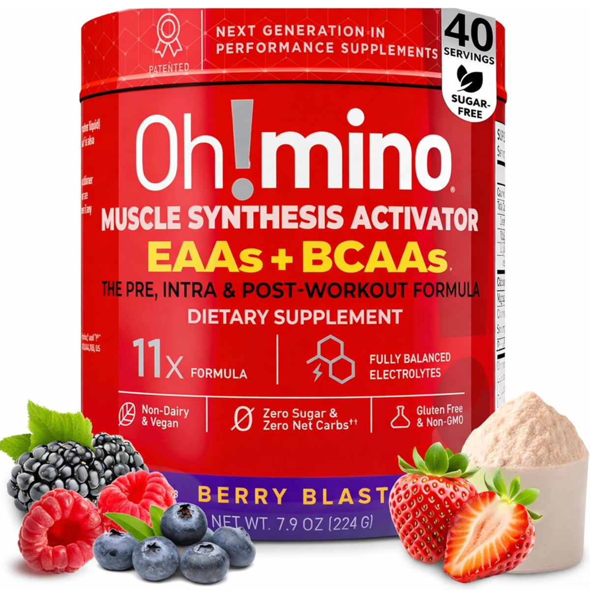 Ohmino Berry Blast tub front view highlighting convenient amino acid support for workouts.