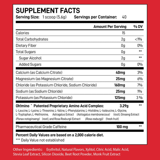 Ohmino Berry Blast tub with scoop for easy pre- and intra-workout fueling.