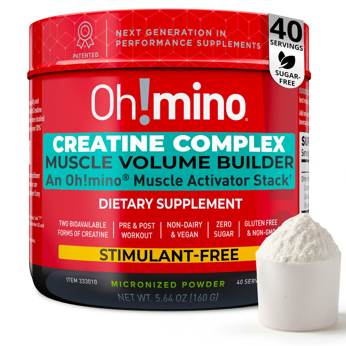 Oh!mino Creatine Complex bottle with lemon-lime flavor supports clean energy for workouts.