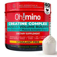 Oh!mino Creatine Complex bottle with lemon-lime flavor supports clean energy for workouts.