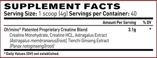 Oh!mino Creatine Complex scoop shown for accurate per-serving dosing.