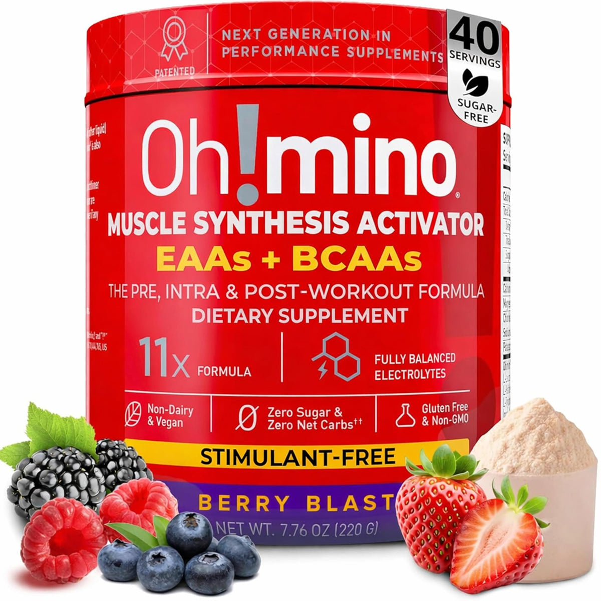 Oh!mino Essential Amino Acids Berry Blast bottle for post-workout recovery.