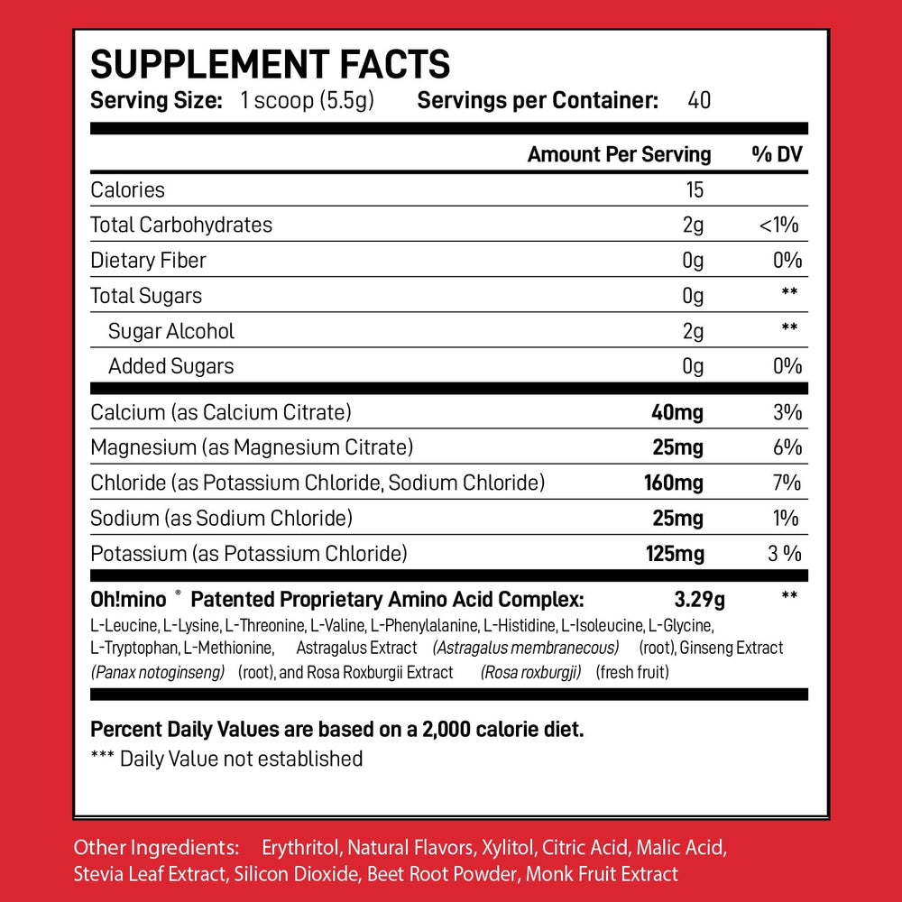 Oh!mino Berry Blast powder dissolves quickly for intra-workout hydration.
