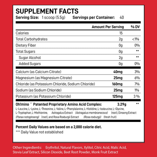 Oh!mino Berry Blast powder dissolves quickly for intra-workout hydration.