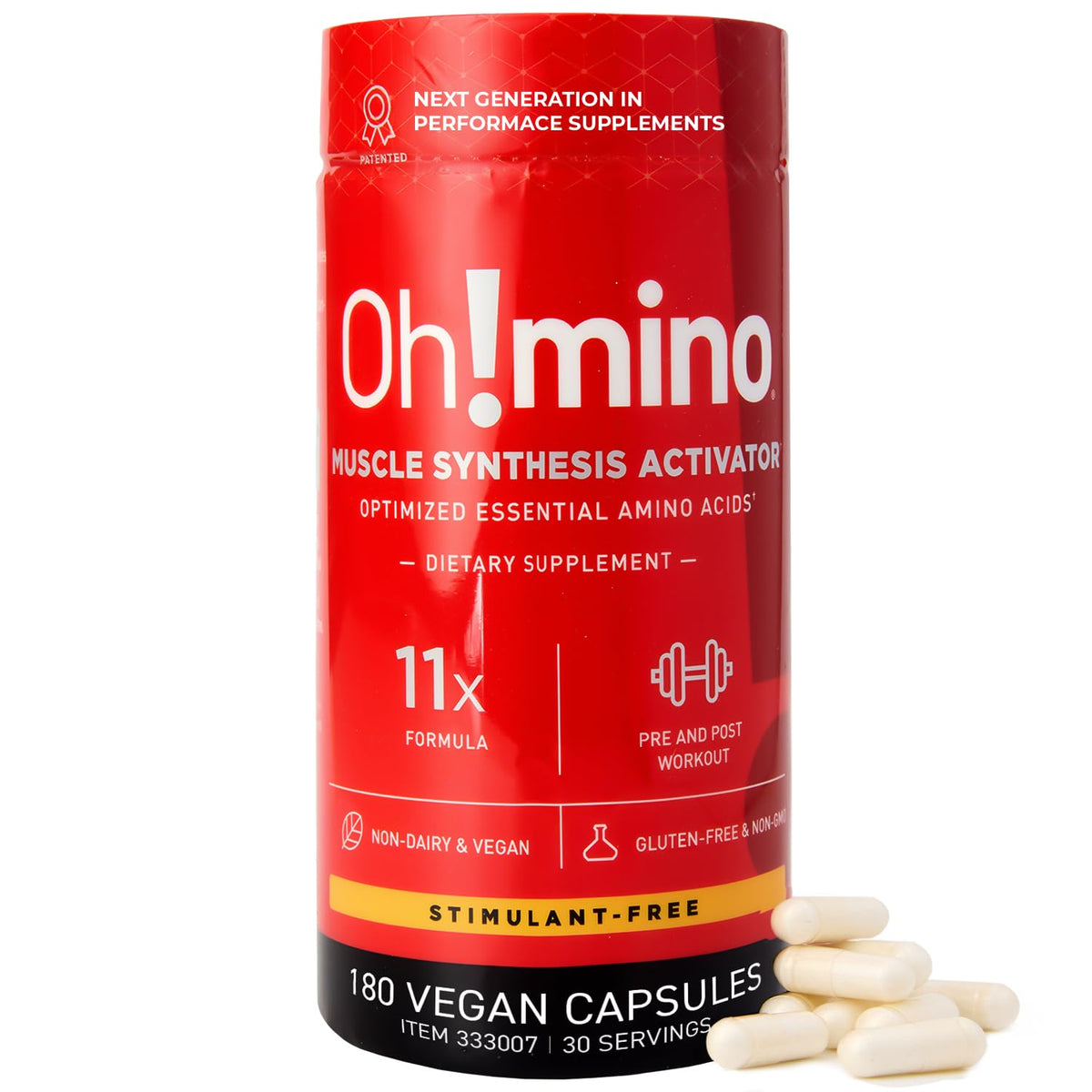 Oh!mino essential amino acids bottle showing stimulant-free daily support.