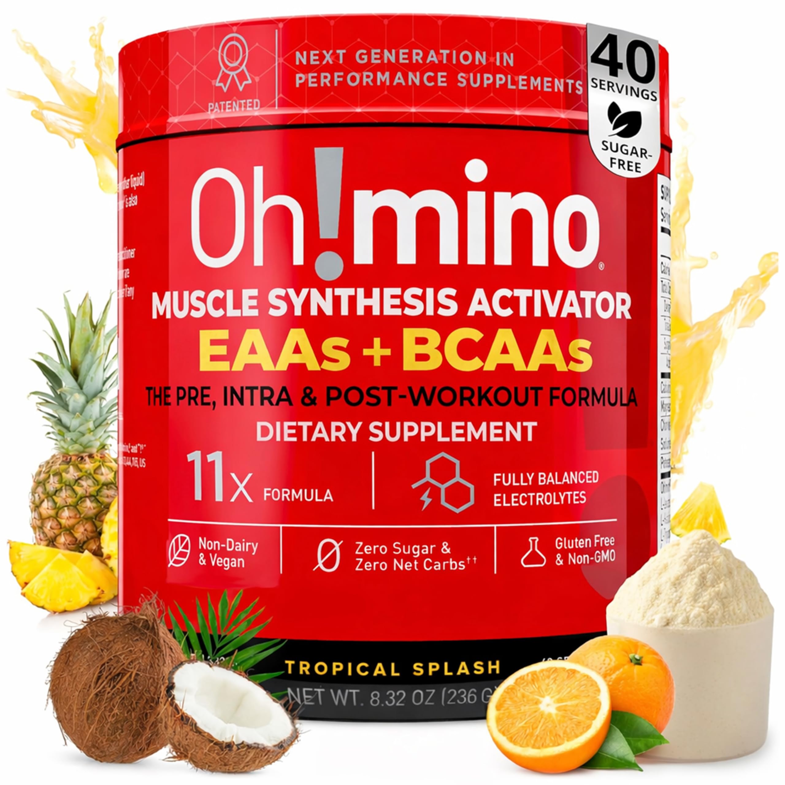 Oh!mino Tropical Splash powder bottle ready for a workout session with energizing blend.