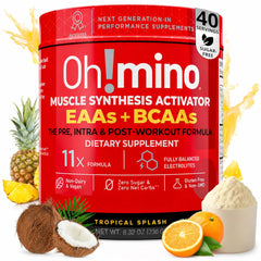 Oh!mino Tropical Splash powder bottle ready for a workout session with energizing blend.